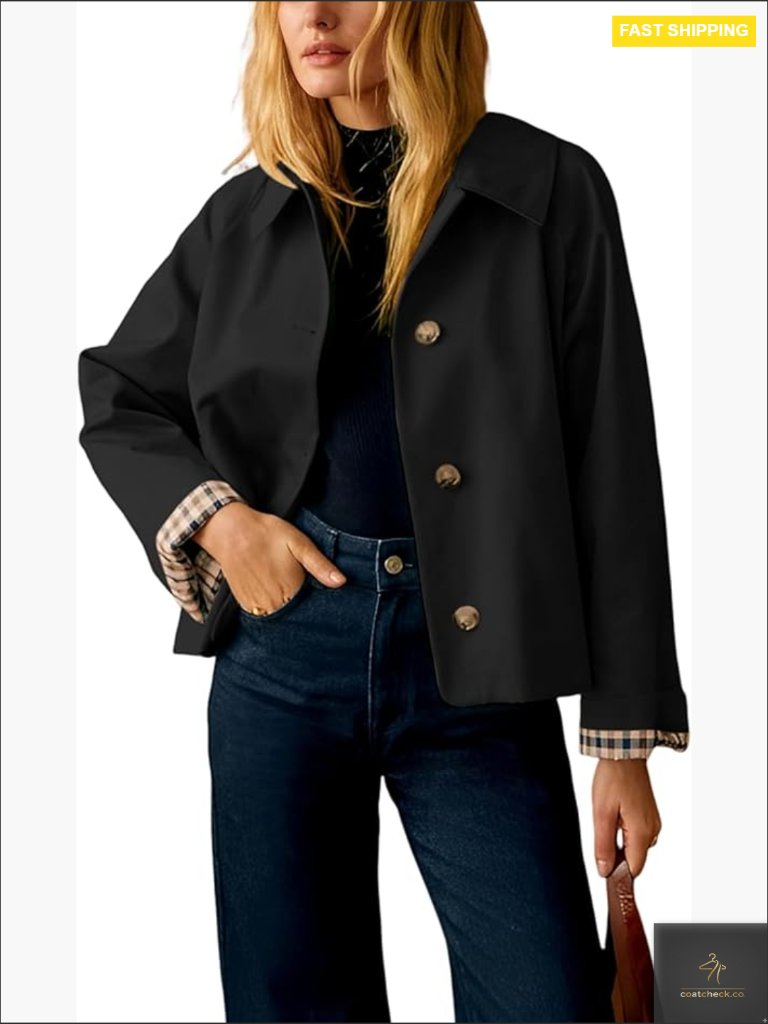 Short Plaid Trench Coat Button Down Lapel Jacket Loose Fit